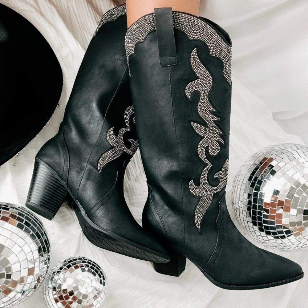 Qupid Black Heeled Boots with Silver Accents